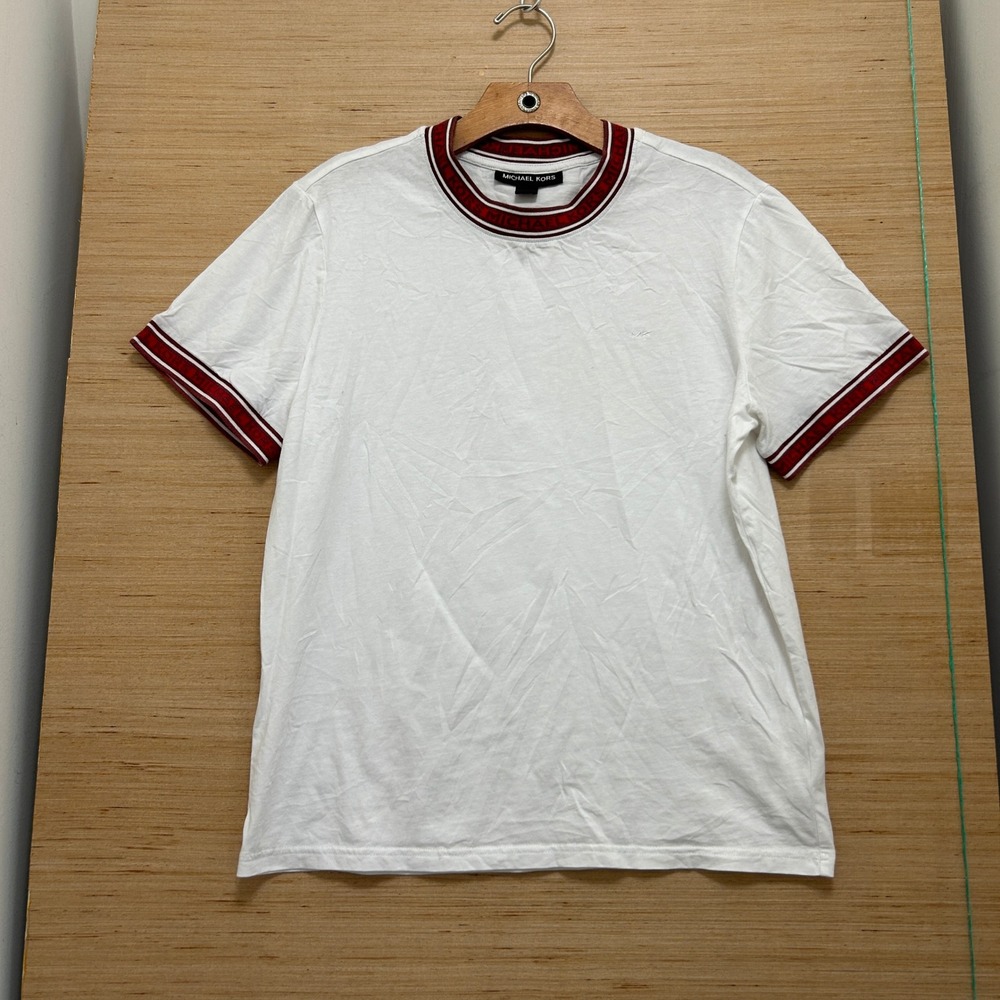 Michael Kors Mens White T-Shirt Red Logo Trim Crew Neck Short Sleeve Size M